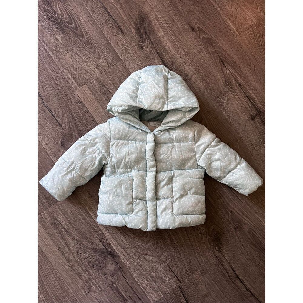 MNG Baby Girl Size 18 -24 Month Blue White Floral Snow Ski Rain Jacket